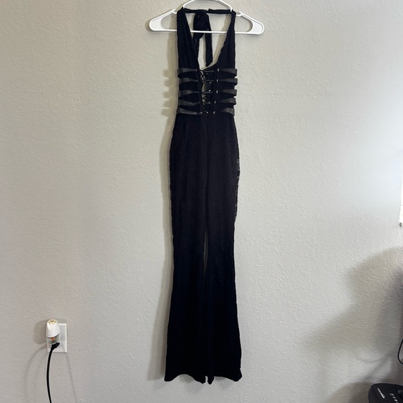 Outcast Pants - Black Halter Lace-Up Evening Jumpsuit